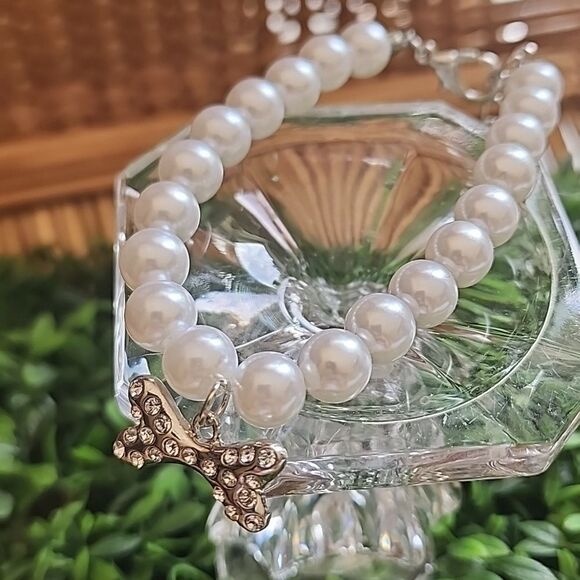 Pet Jewelry Faux Pearl & Rhinestone Encrusted Silver Tone Bone NWOT - Picture 5 of 7